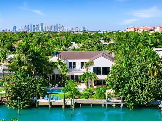 aerial view with a city view and a water view