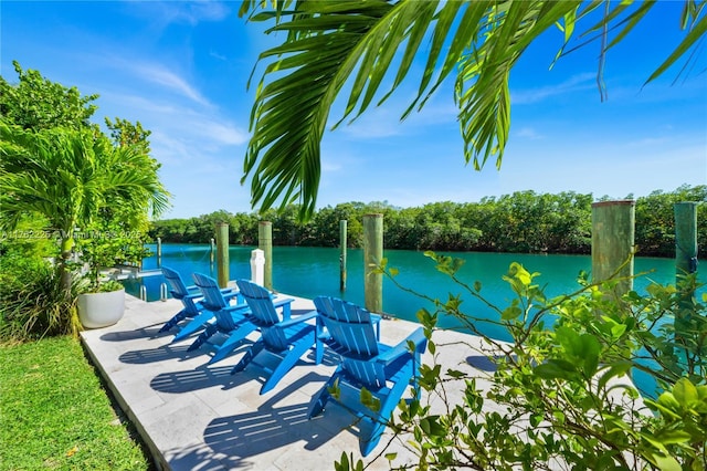 view of patio with a water view and a dock