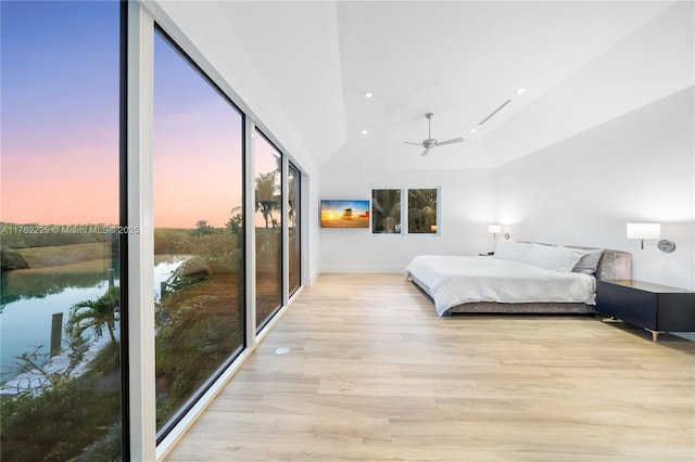 bedroom featuring recessed lighting, baseboards, light wood-type flooring, and a ceiling fan