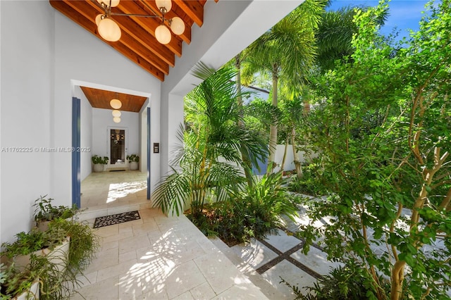 doorway to property featuring stucco siding