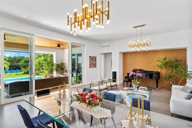 dining area with an inviting chandelier