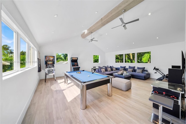 recreation room with a ceiling fan, baseboards, pool table, light wood-style floors, and beamed ceiling