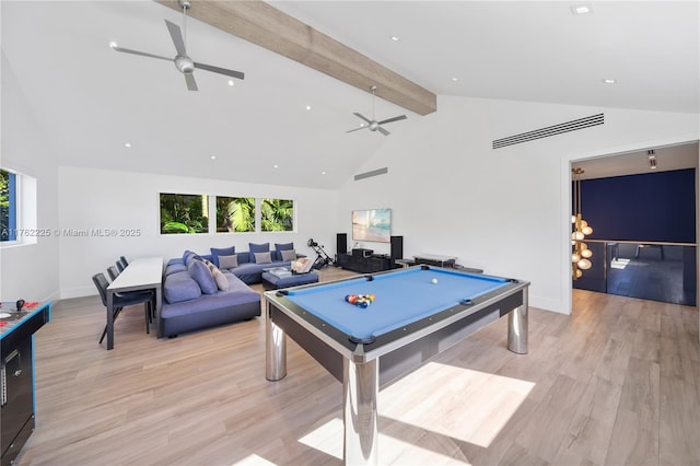 recreation room featuring billiards, beamed ceiling, a healthy amount of sunlight, and ceiling fan