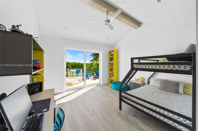 bedroom with access to exterior, vaulted ceiling with beams, wood finished floors, and ceiling fan