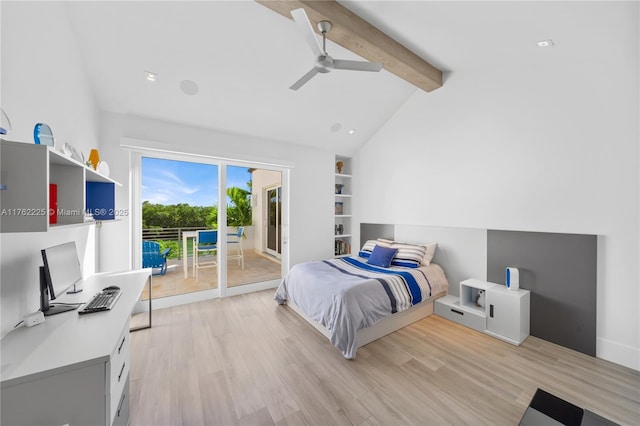 bedroom with lofted ceiling with beams, access to outside, light wood finished floors, and ceiling fan