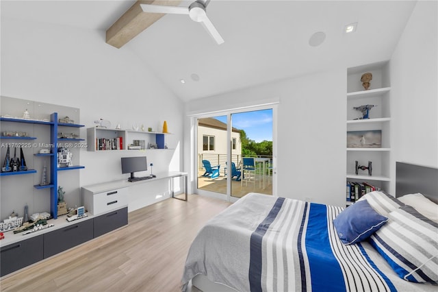 bedroom with lofted ceiling with beams, light wood-style flooring, ceiling fan, access to exterior, and built in desk