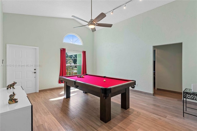 rec room with baseboards, light wood finished floors, ceiling fan, pool table, and rail lighting