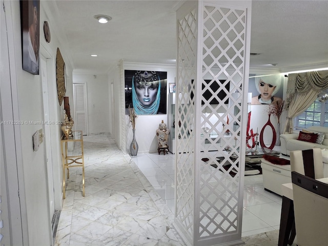 4511 Queen Palm Ln, Tamarac, FL 33319 - hallway featuring crown molding, marble finish floors, and recessed lighting