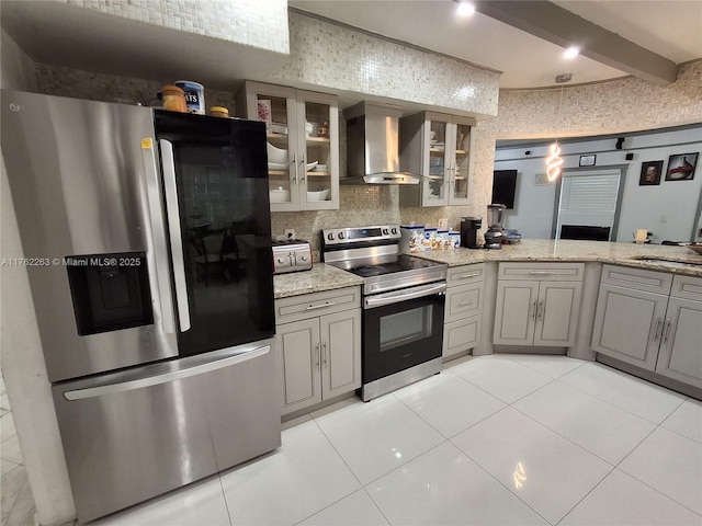 4511 Queen Palm Ln, Tamarac, FL 33319 - kitchen featuring stainless steel appliances, wall chimney exhaust hood, gray cabinets, glass insert cabinets, and beam ceiling