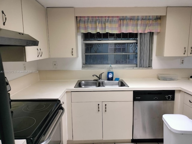 kitchen featuring a sink, under cabinet range hood, white cabinetry, light countertops, and dishwasher