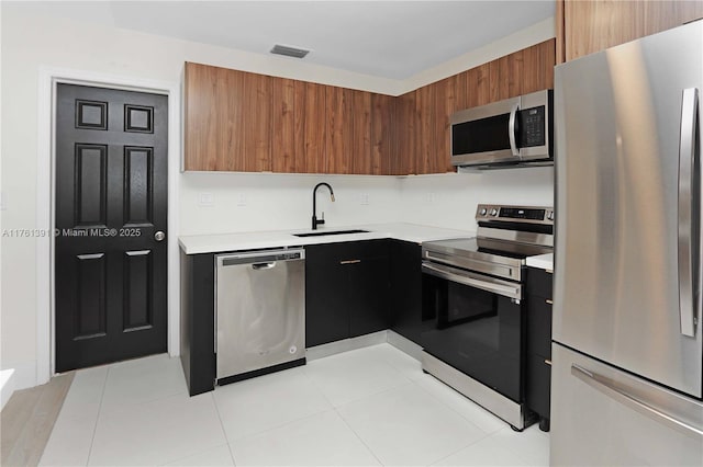 kitchen with visible vents, modern cabinets, a sink, appliances with stainless steel finishes, and light countertops