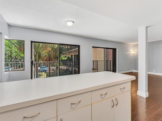 kitchen featuring dark wood finished floors, light countertops, baseboards, and a textured ceiling