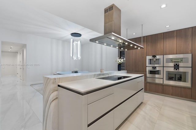 kitchen with white cabinets, island exhaust hood, black electric cooktop, and modern cabinets