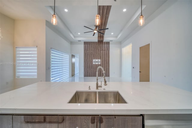 601SW 13th St, Cape Coral, FL 33991 - kitchen featuring a sink, a center island with sink, open floor plan, recessed lighting, and a ceiling fan