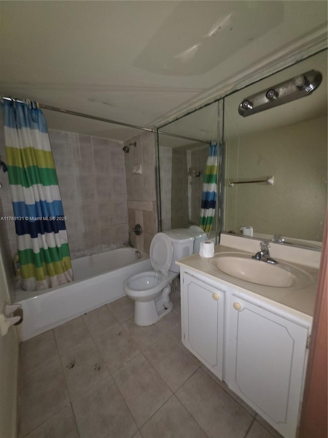 bathroom with vanity, shower / bath combination with curtain, toilet, and tile patterned floors