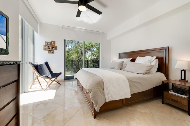 bedroom featuring light tile patterned floors, access to exterior, and a ceiling fan