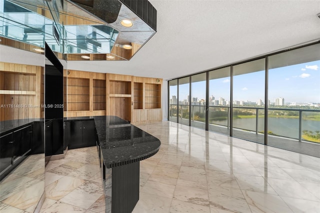 interior space featuring a wall of windows, wooden walls, a textured ceiling, a view of city, and dark cabinets