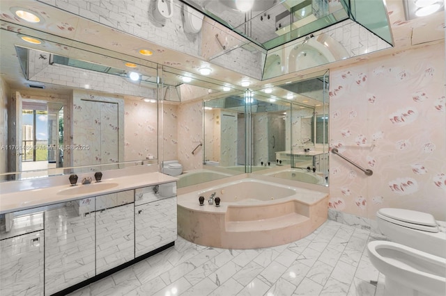 full bath with marble finish floor, toilet, a tub with jets, and a stall shower