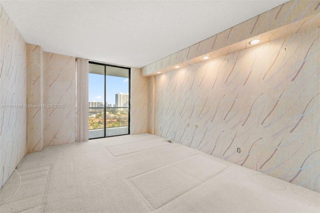 carpeted empty room featuring a view of city, floor to ceiling windows, and a textured ceiling