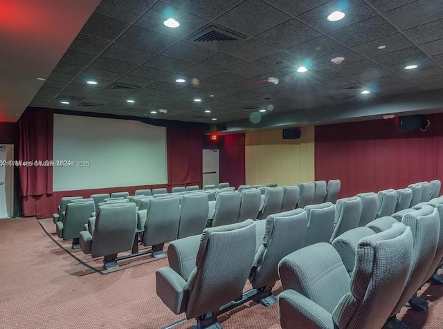 carpeted home theater featuring recessed lighting and visible vents