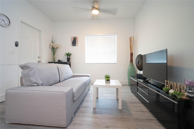 living room featuring a ceiling fan and wood finished floors