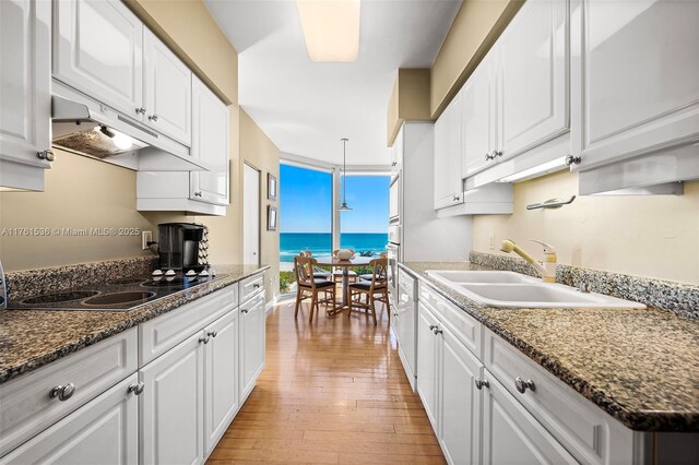 kitchen featuring a sink, under cabinet range hood, expansive windows, black electric cooktop, and light wood-type flooring