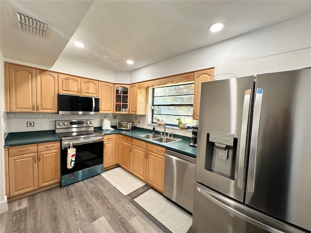 kitchen with a sink, dark countertops, wood finished floors, stainless steel appliances, and glass insert cabinets