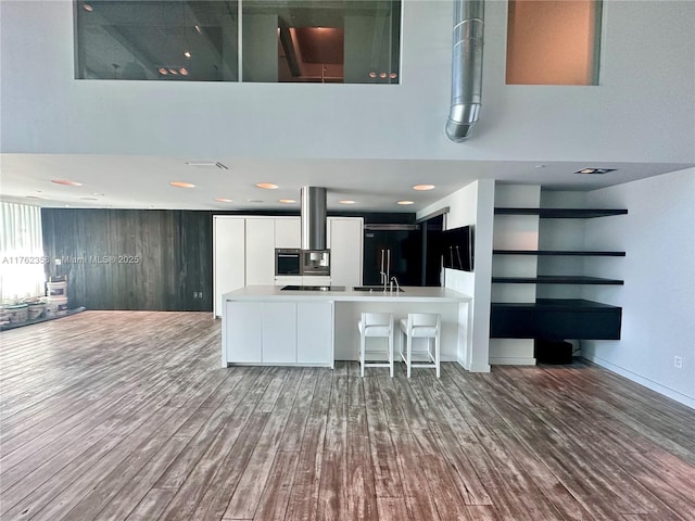 kitchen with wood finished floors, modern cabinets, and open floor plan