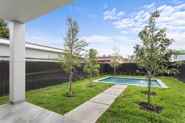 view of swimming pool with a lawn, a fenced in pool, and a fenced backyard