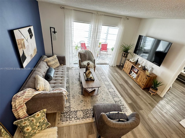 living room featuring a textured ceiling, wood finished floors, and baseboards