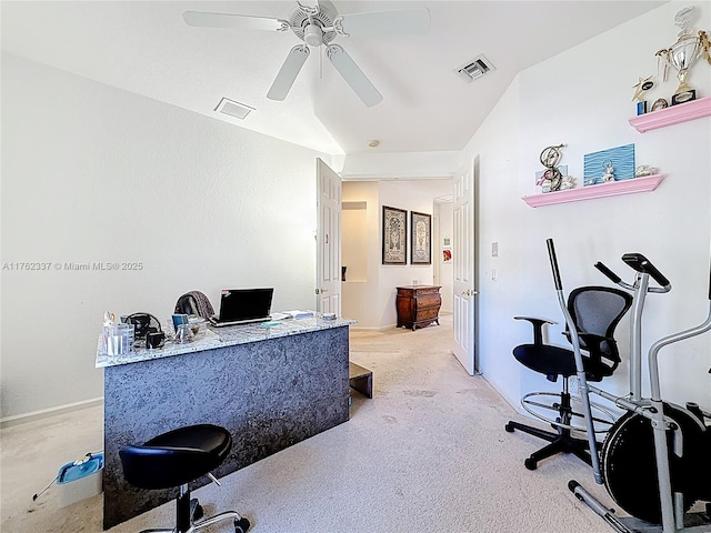 home office with visible vents, light carpet, and ceiling fan