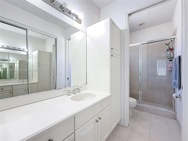 full bathroom with toilet, a stall shower, vanity, and tile patterned flooring