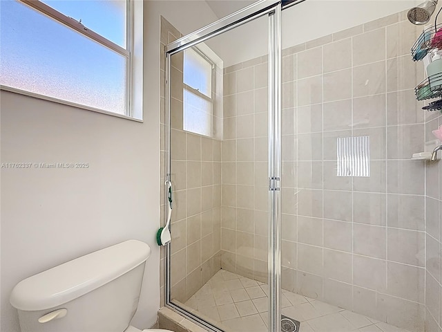 full bathroom with toilet and a shower stall