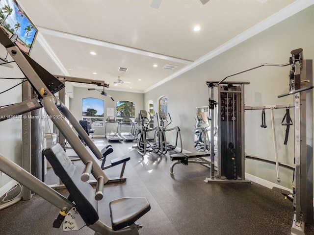 workout area with visible vents, recessed lighting, crown molding, and baseboards