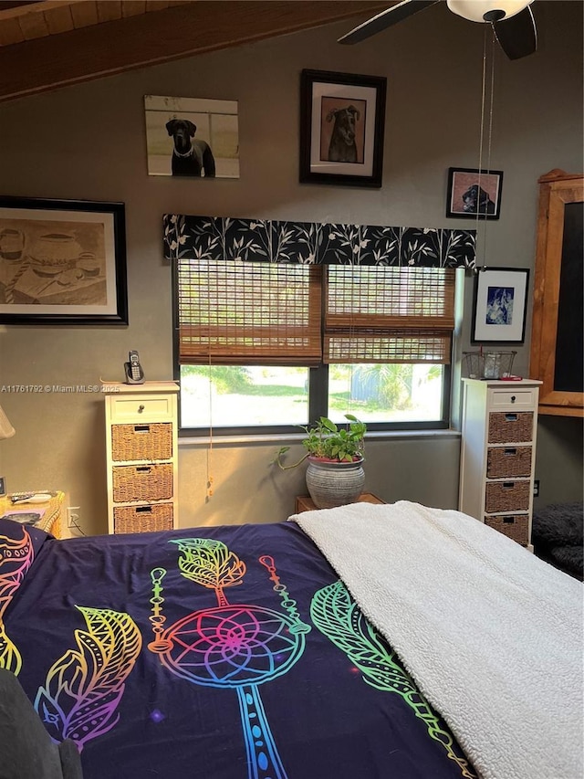 bedroom with lofted ceiling and a ceiling fan