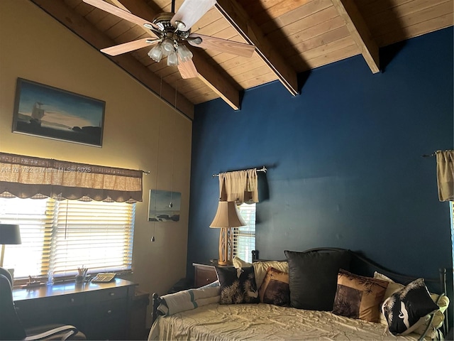 bedroom featuring wood ceiling and lofted ceiling with beams