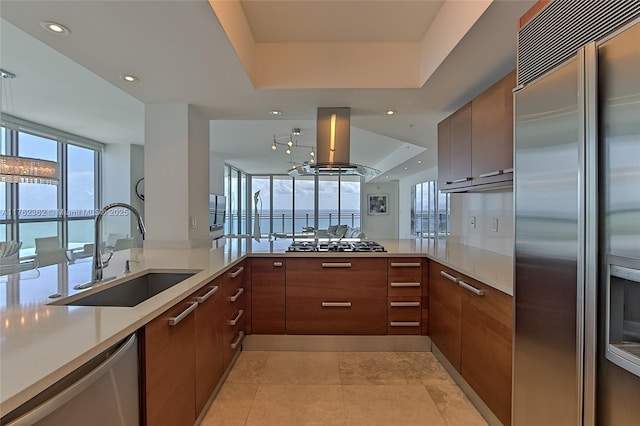 kitchen with a sink, stainless steel appliances, modern cabinets, and island range hood