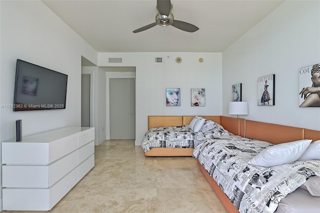 bedroom featuring visible vents and ceiling fan