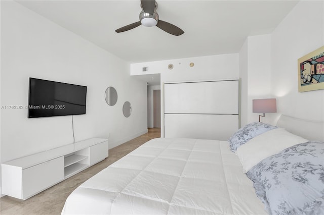 bedroom featuring visible vents and ceiling fan