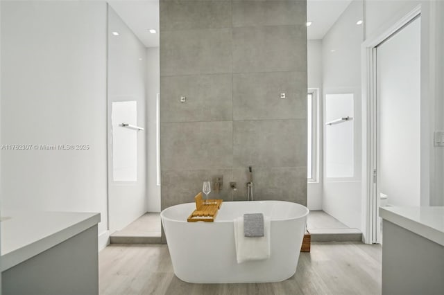 bathroom featuring toilet, wood finished floors, tile walls, a freestanding bath, and vanity