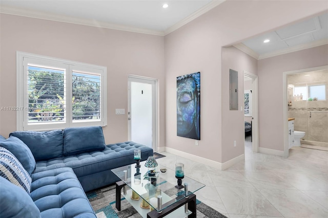 living room featuring electric panel, recessed lighting, baseboards, and ornamental molding