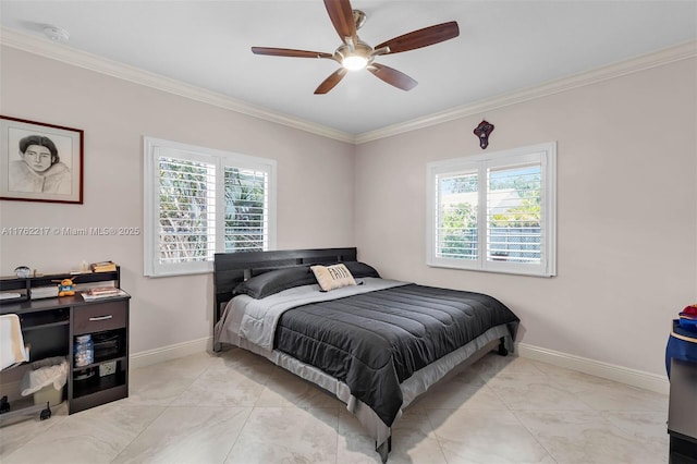 bedroom with multiple windows, crown molding, and baseboards