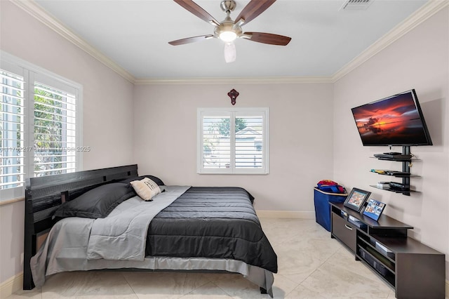 bedroom with visible vents, multiple windows, baseboards, and crown molding