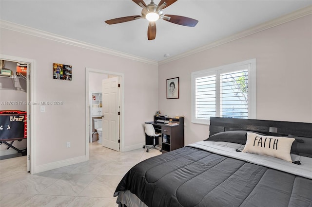 bedroom featuring a walk in closet, ceiling fan, baseboards, ornamental molding, and a closet