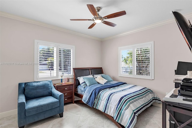 bedroom featuring baseboards, ornamental molding, and a ceiling fan