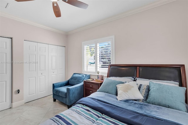 bedroom featuring a closet, marble finish floor, ceiling fan, and ornamental molding