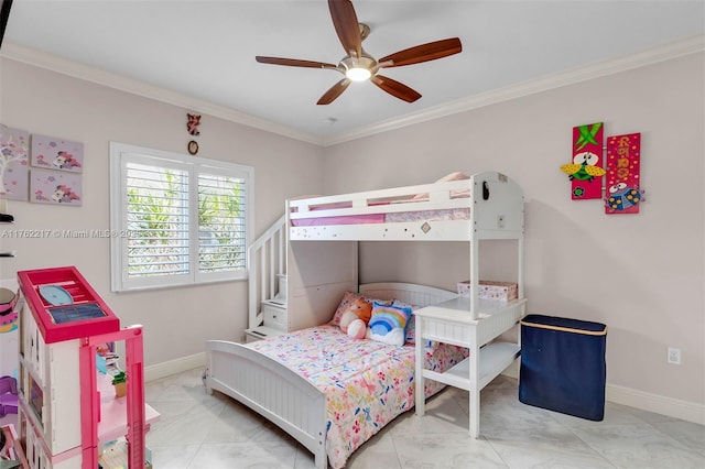 bedroom with crown molding, baseboards, and ceiling fan