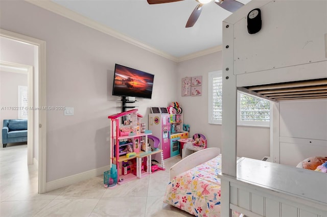 bedroom with light tile patterned floors, baseboards, ornamental molding, and a ceiling fan