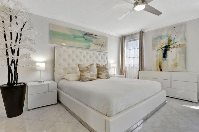 bedroom featuring light tile patterned floors, a textured ceiling, ceiling fan, and ornamental molding