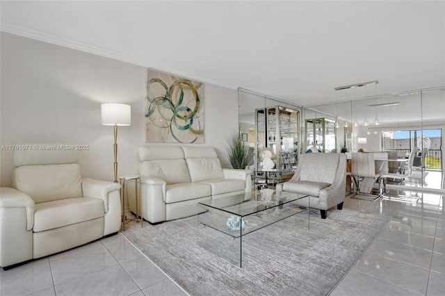 living room featuring tile patterned floors and crown molding